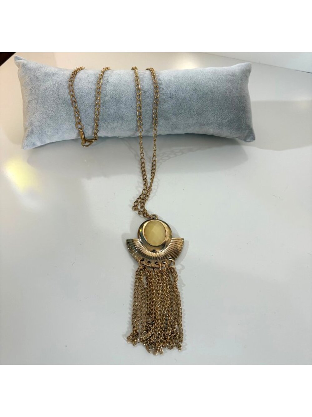 Gold Tone Bohemian Tassel Pendant Necklace Creamy Yellow Faceted Acrylic Stone